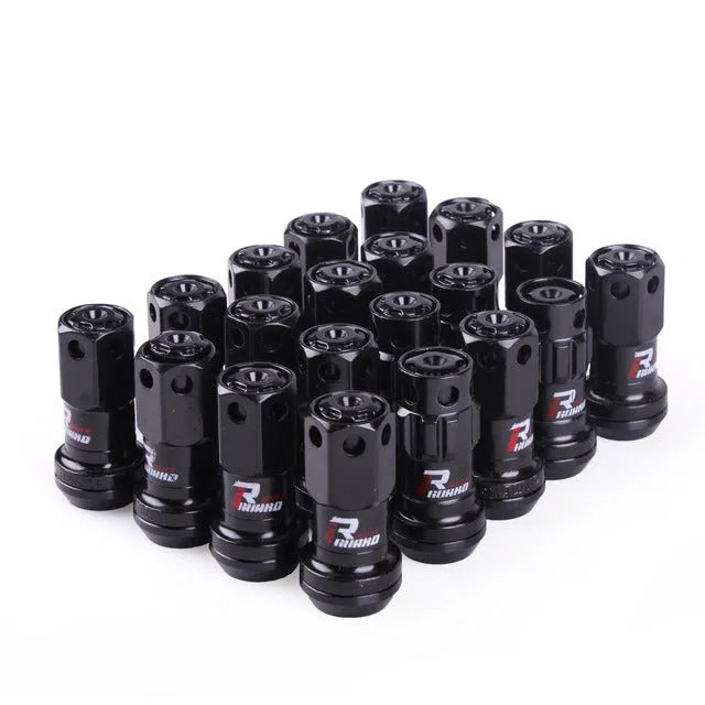 Set of flat head aluminium alloy wheel nuts in red, gold, blue, purple, and black colour variants.