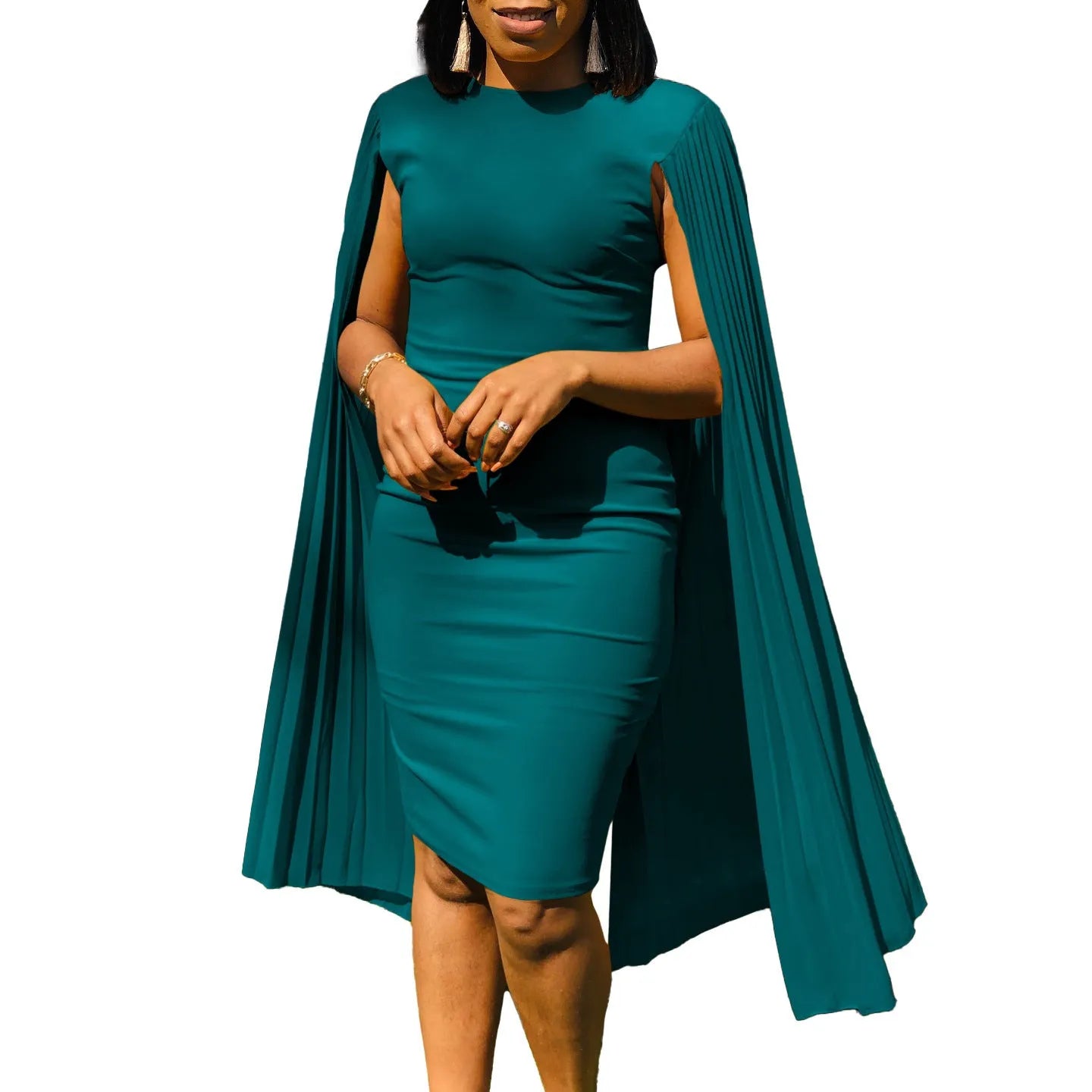 Women's long sleeve evening dress with pleated shawl collar in a choice of colours.