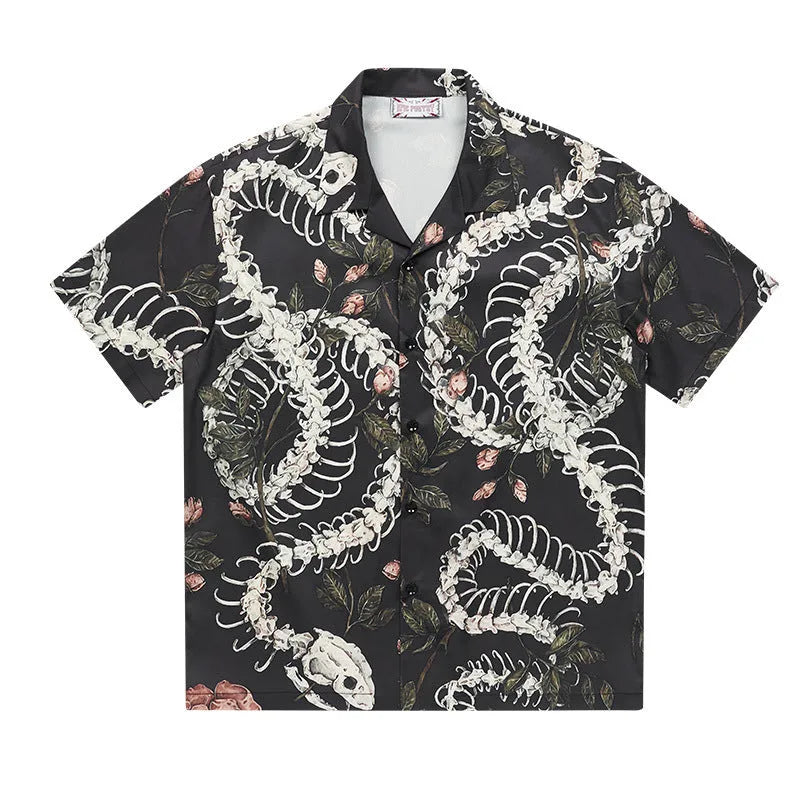 Snake bone pattern printed Cuban collar short sleeve shirt in loose fit for summer casual wear