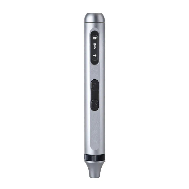 Compact aluminium alloy electric screwdriver on a workbench with bits, showing its slim 134.5mm design.