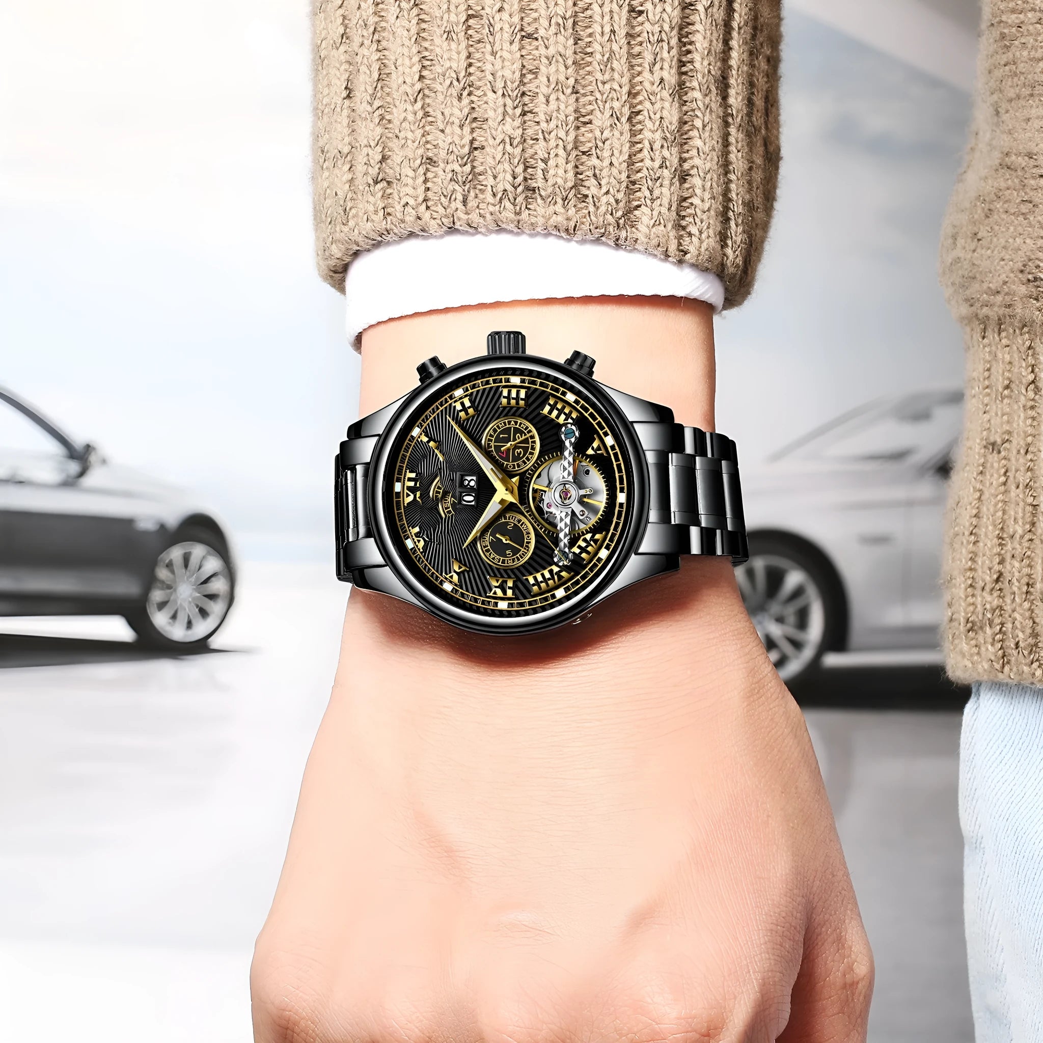 Men's 43mm automatic mechanical watch with calendar display, alloy case, stainless steel buckle in black and gold
