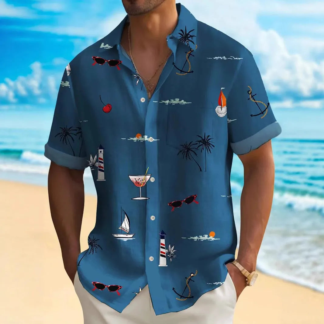 Men's digital print Hawaiian shirt with tropical pattern on polyester fabric in loose fit