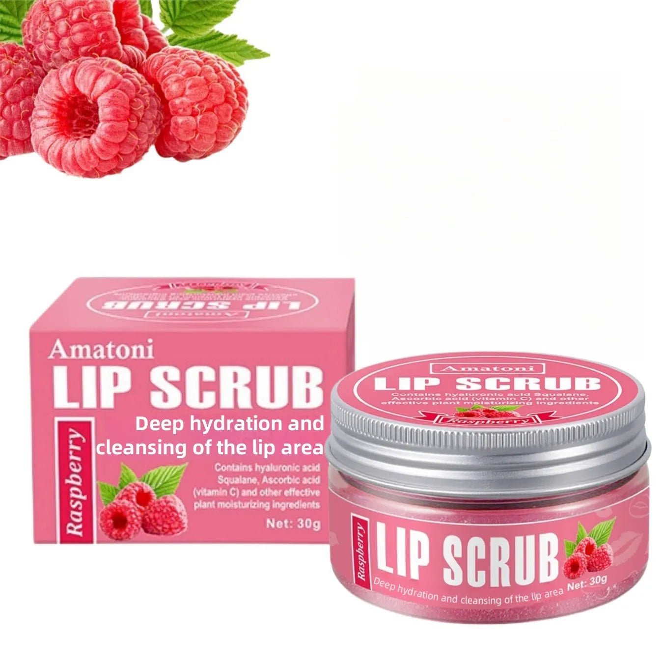 Amatoni Lip Scrub pot in Coconut, Raspberry, Vanilla, or Watermelon flavour, 30g size