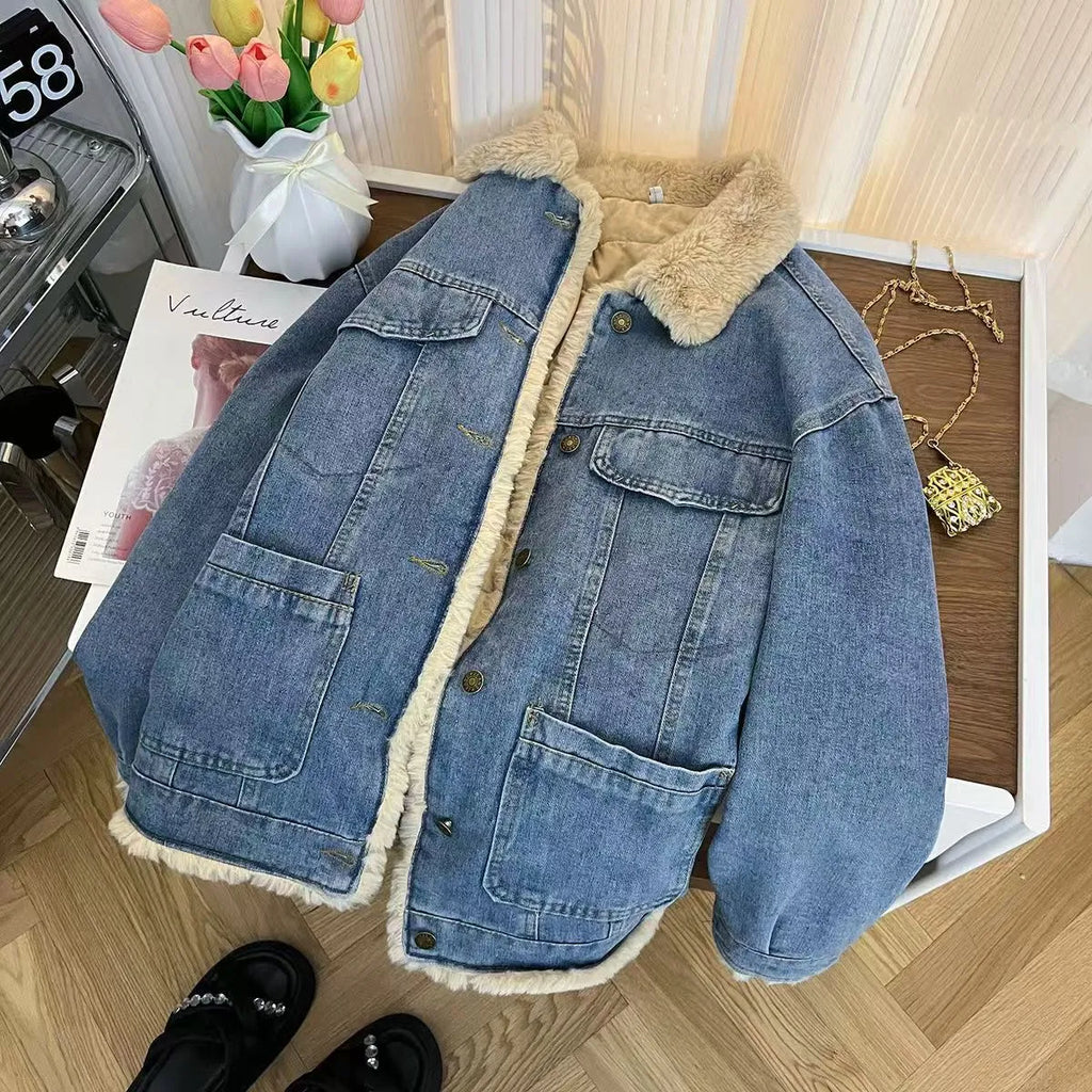 Blue premium faux lamb wool denim jacket for men with cotton denim outer and long sleeves