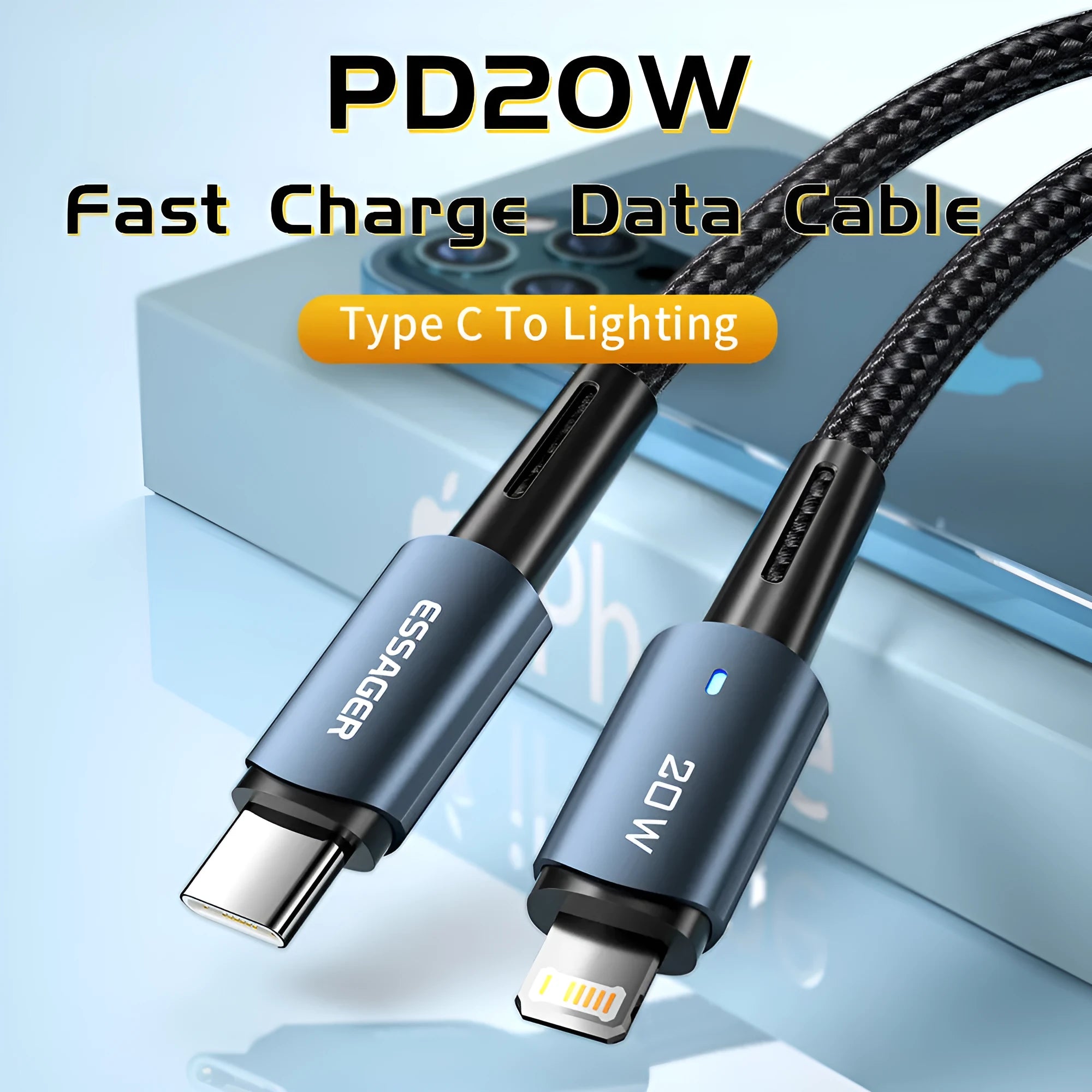 27W PD fast charging cable in black with aluminium alloy connector and LED indicator