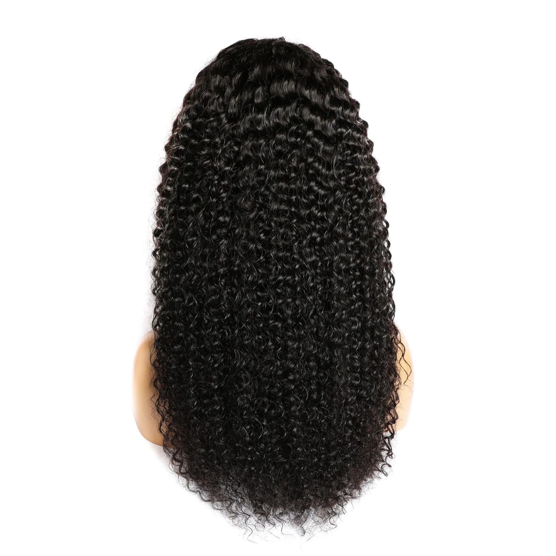 Curly human hair lace front wig on a stand, showing a 13x6 lace front and long, dark curly hair.