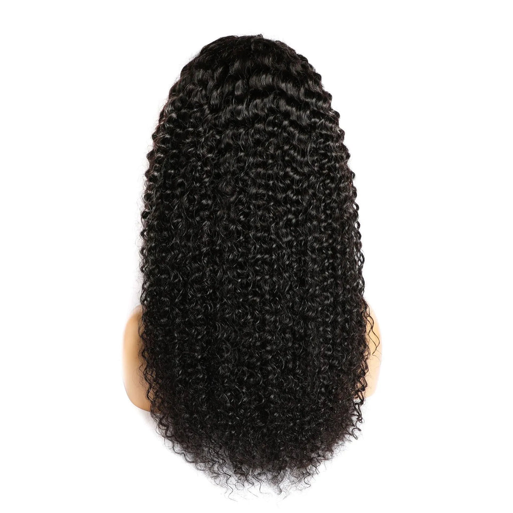 Curly real human hair lace wig for women, full hand-woven, 150 density, brown colour in long length on mannequin head