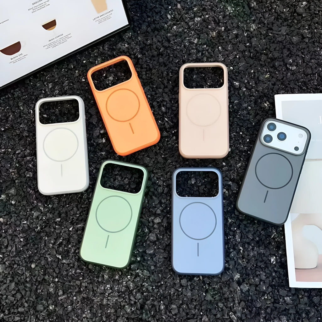 Blue magnetic iPhone case with a frosted finish and a dedicated AI camera button on the side.