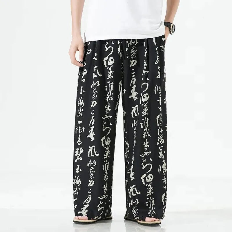 Men's Chinese style printed straight-leg trousers in black bamboo fibre and ice silk fabric