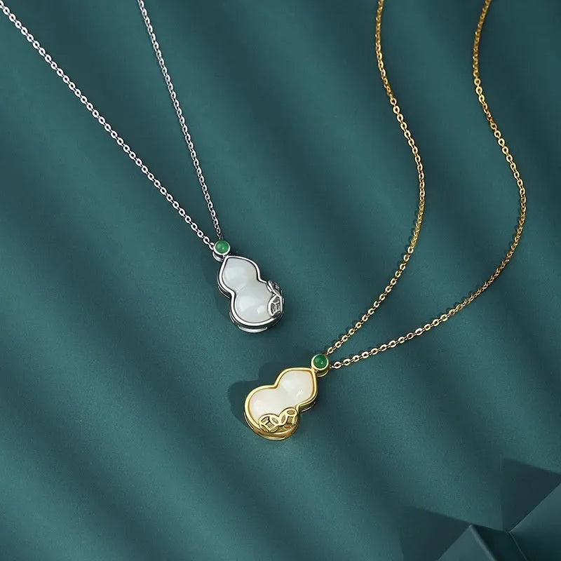 S925 sterling silver necklace with Hetian jade gourd pendant, Fu Lu design, available in 22K gold or white gold colour