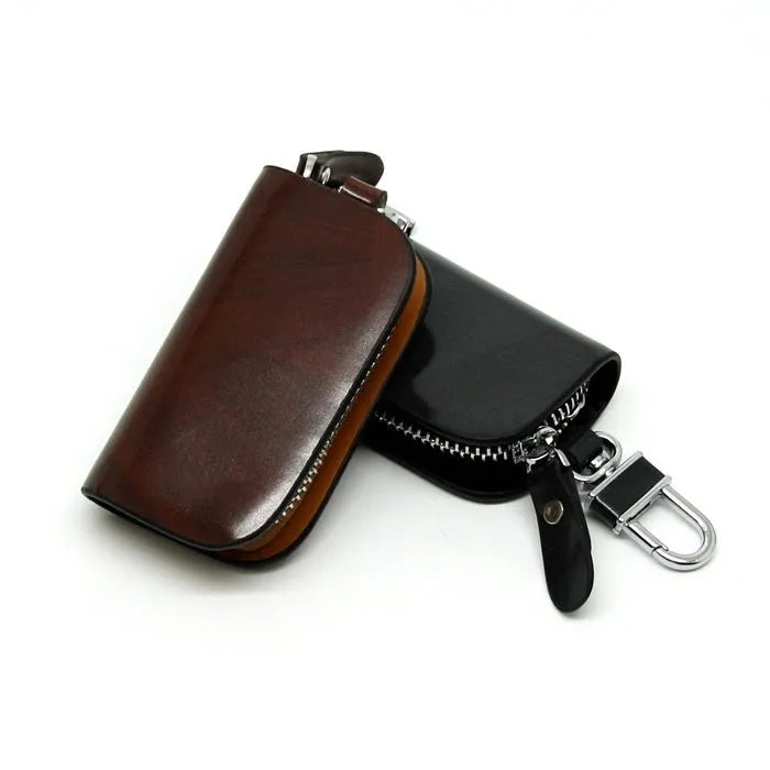 Genuine cowhide leather car key case with frosted finish in black and brown colours.