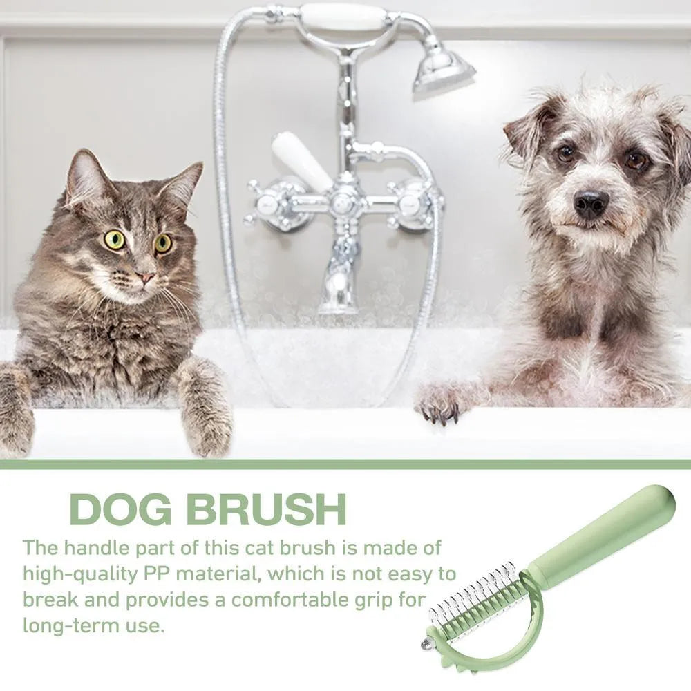 Blue dinosaur-shaped self-cleaning cat brush with double-sided slicker head.