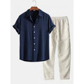 Men's casual loose fit short sleeve shirt and trousers suit in linen-look fabric.