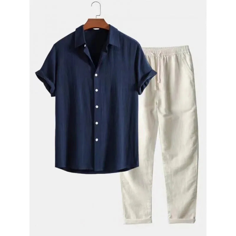 Men's casual loose fit short sleeve shirt and trousers suit in linen-look fabric.