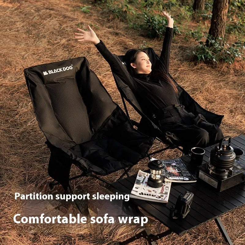 Night black Oxford cloth camping moon chair in folded and unfolded positions