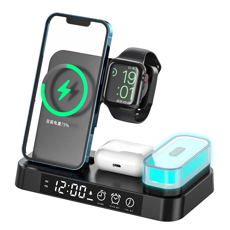White 4-in-1 foldable wireless charging station showing phone charging on stand, with alarm clock display and RGB night light glow.