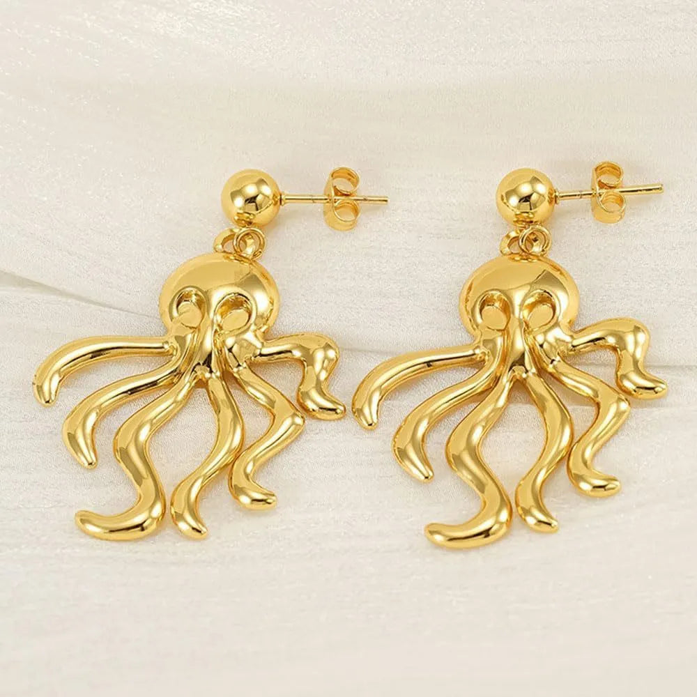 Gold stainless steel drop dangle octopus earrings with minimalist retro design