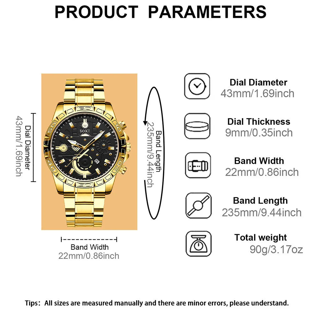 Men's gold business quartz watch with stainless steel strap and 10mm thickness