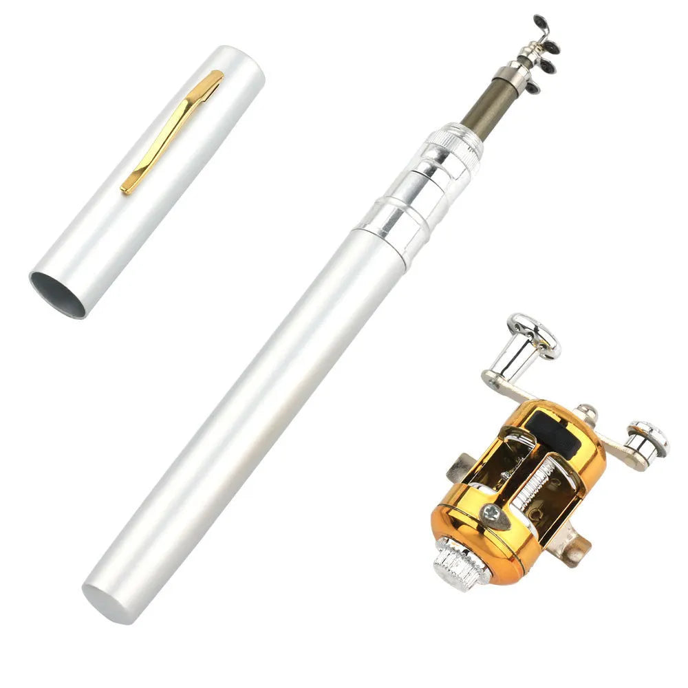 Compact telescopic fishing rod retracted inside its aluminium pen case, with gold ST5RL reel attached.