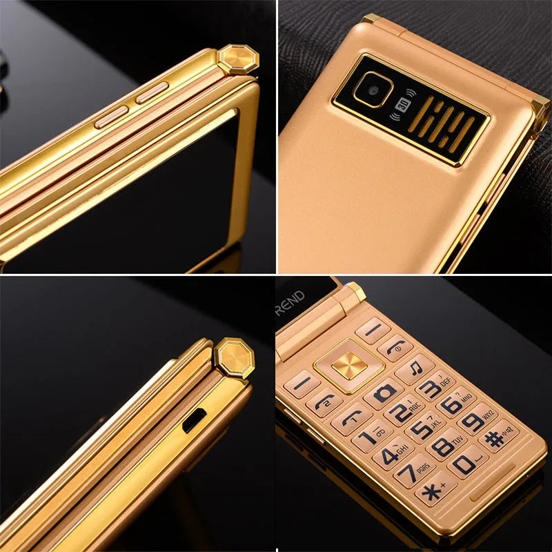 A15 dual screen flip mobile phone in black showing open 3-inch touchscreen and closed 1.44-inch external screen.