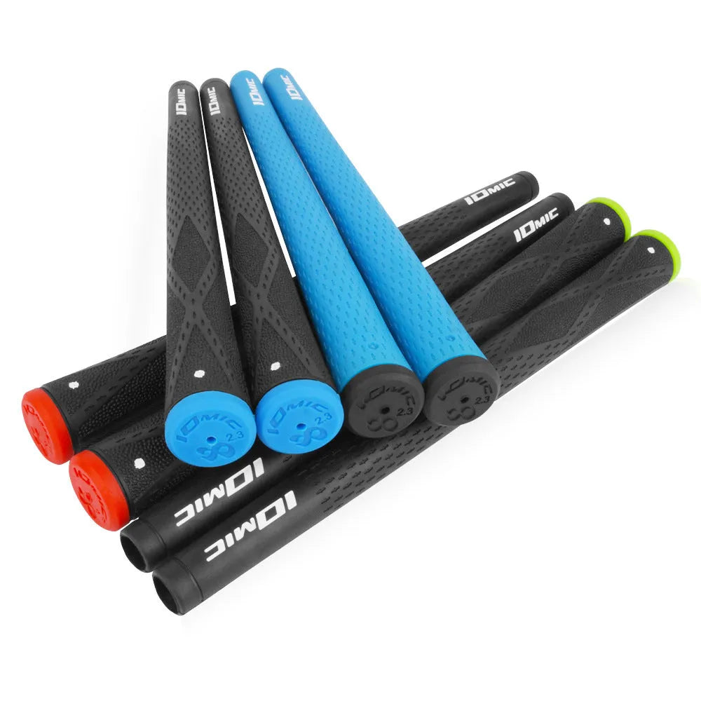 TPE material golf club grip shown in multiple colour options including pink, red, blue, white, and black.