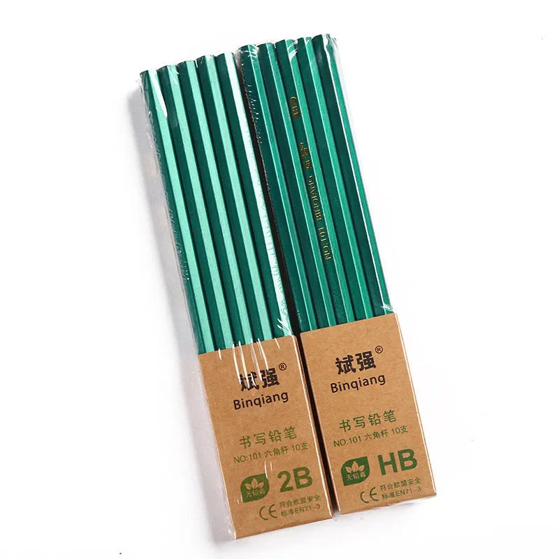 Green wooden pencil set with six-angle shape showing HB and 2B graphite grades