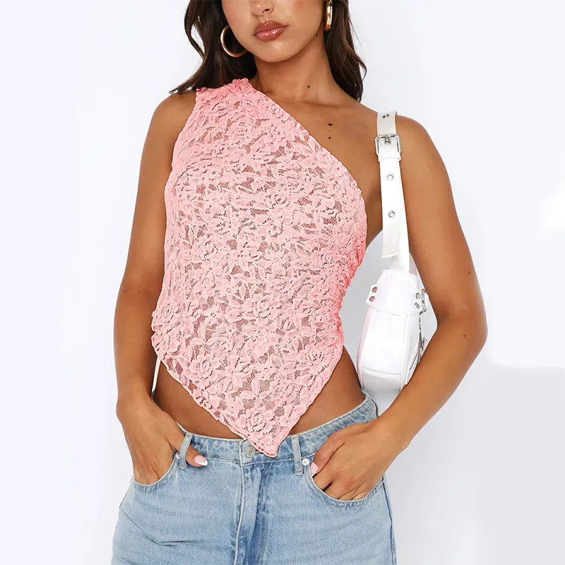 Women's apricot lace backless sleeveless vest with asymmetrical neckline on a hanger.