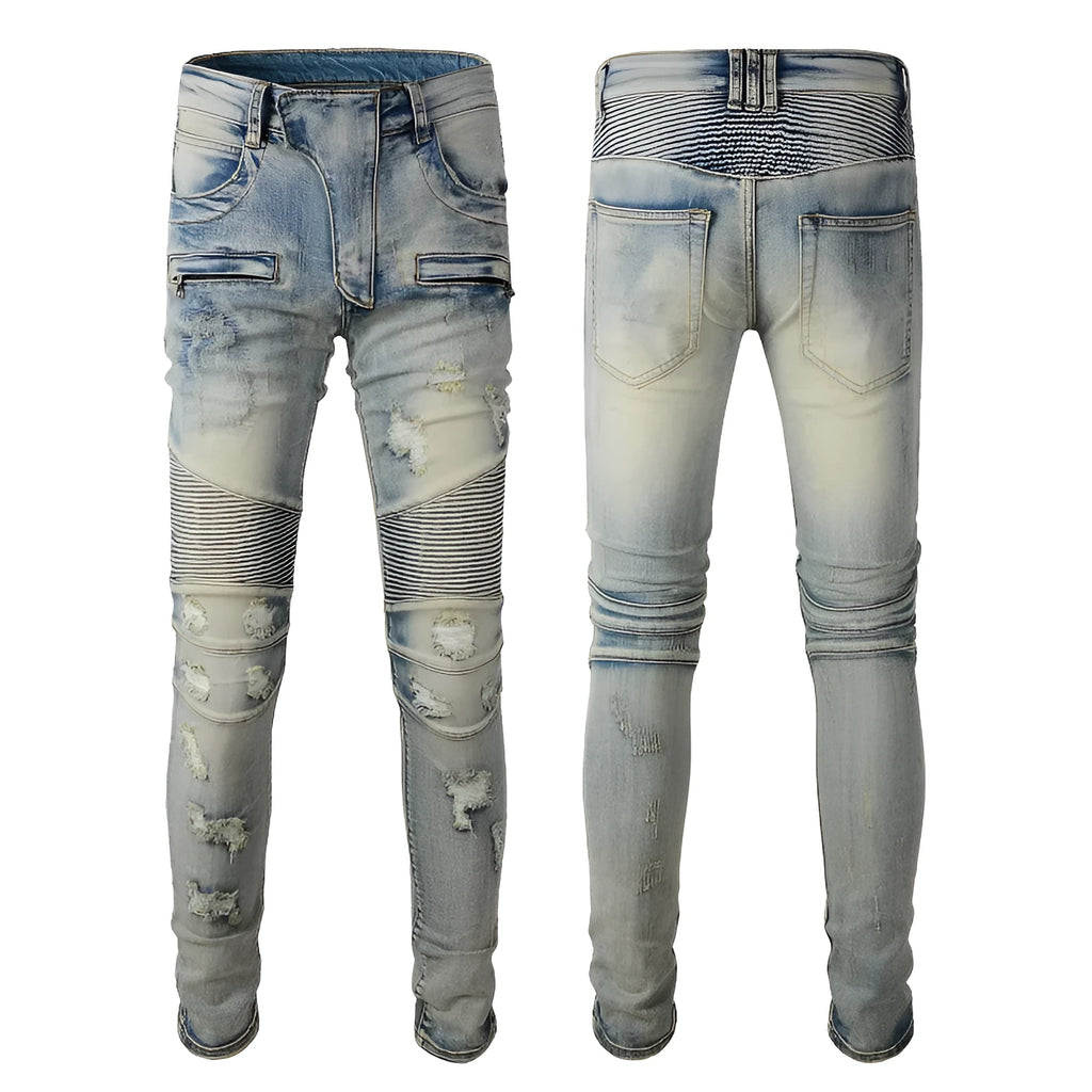 Light blue men's slim fit distressed jeans with hand-frayed details on a mid-waist, showing a zipper fly and straight leg cut.