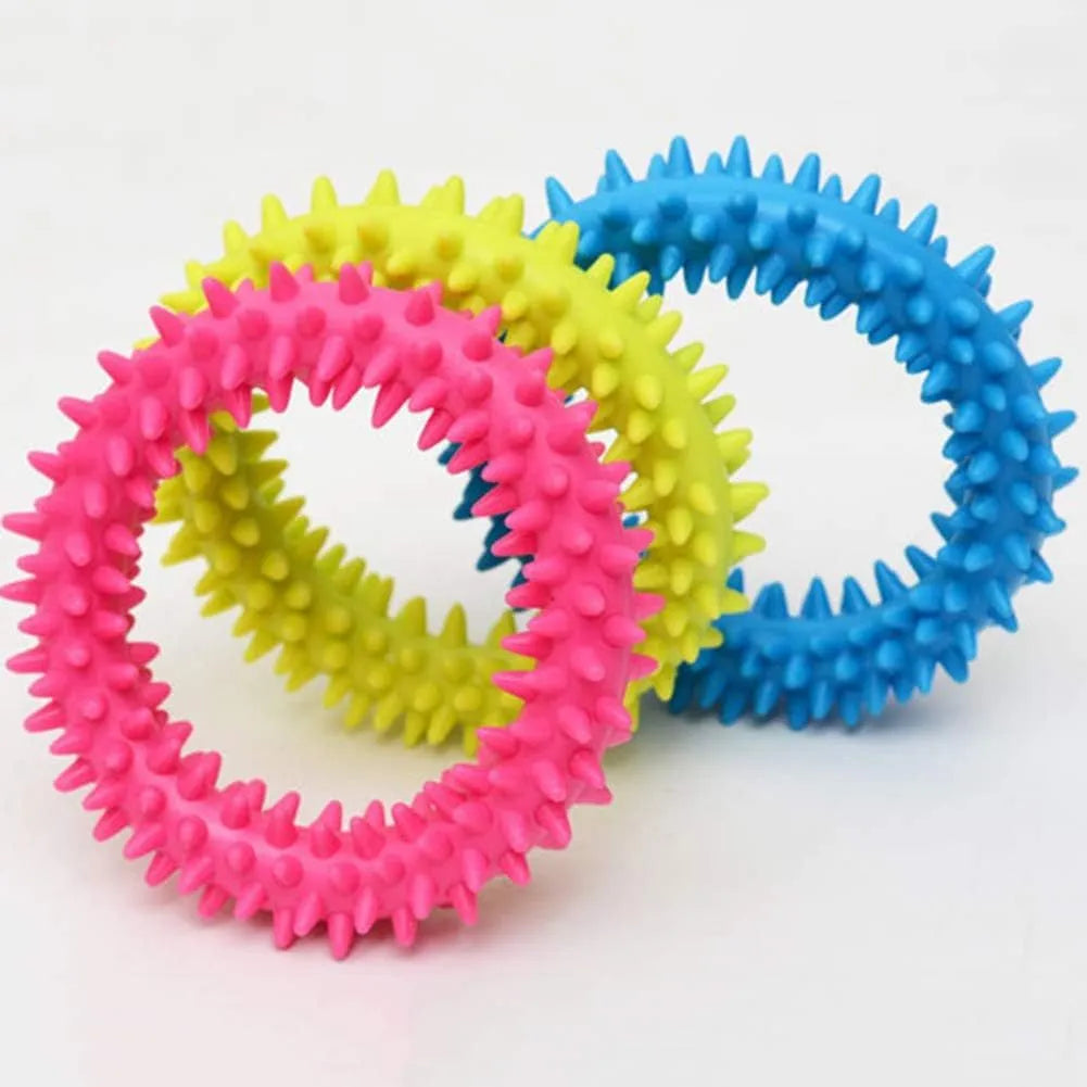 TPR spiky circle ring dog chew toy in selected colour, 9.5cm diameter
