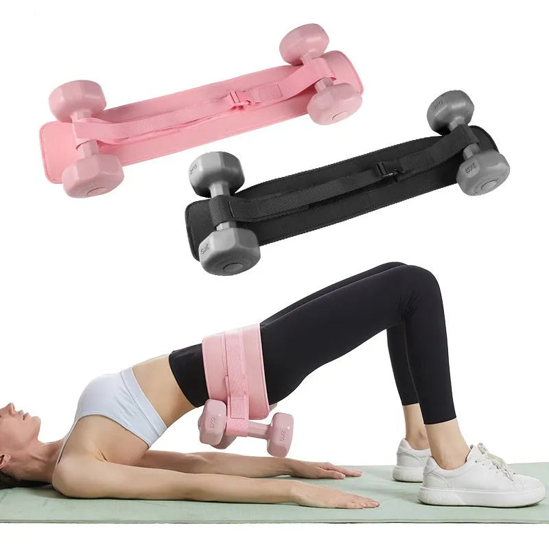 Black and pink hip bridge training belt for dumbbell and barbell exercises with lumbar support
