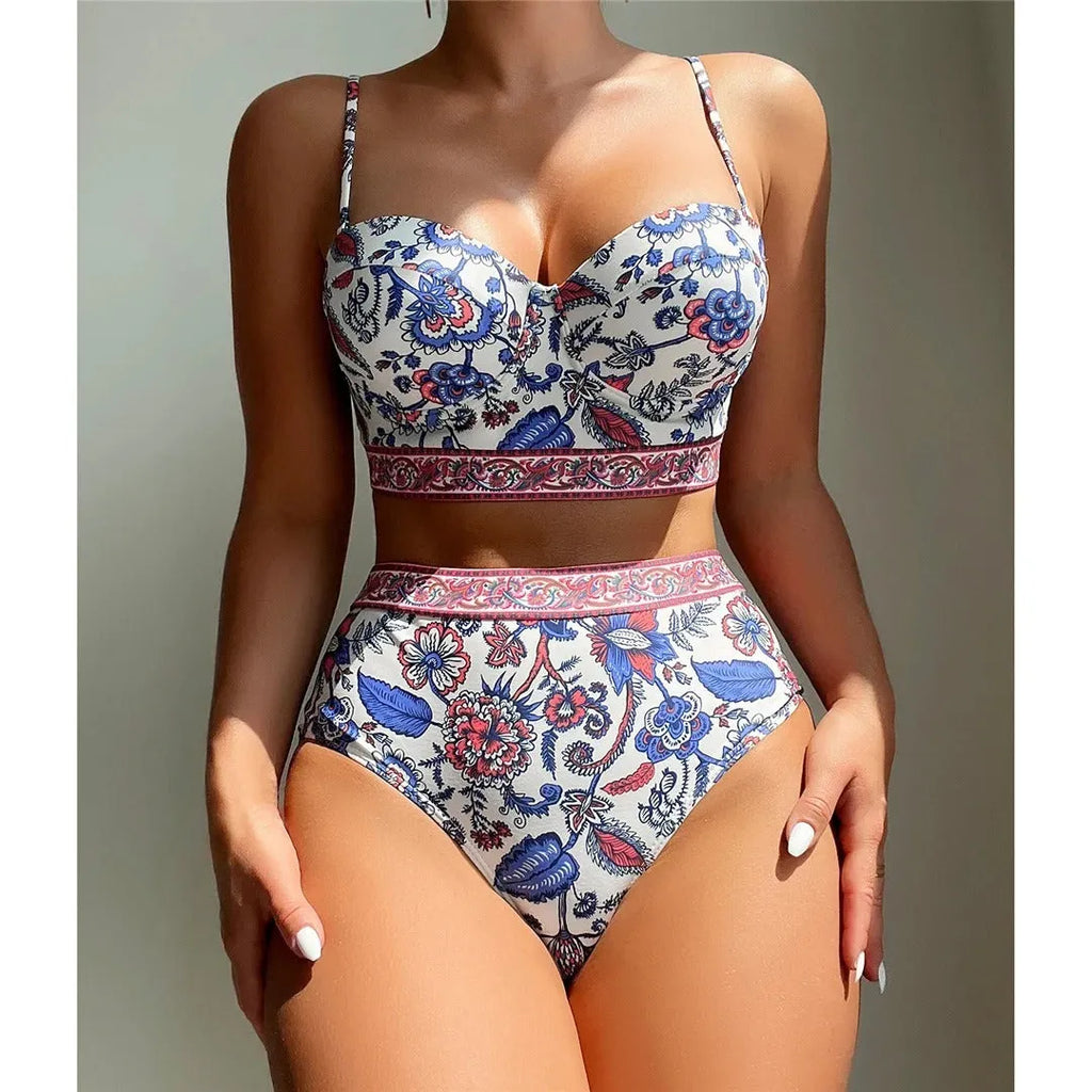 Blue women's high-waist push-up bikini swimsuit made from polyester fabric