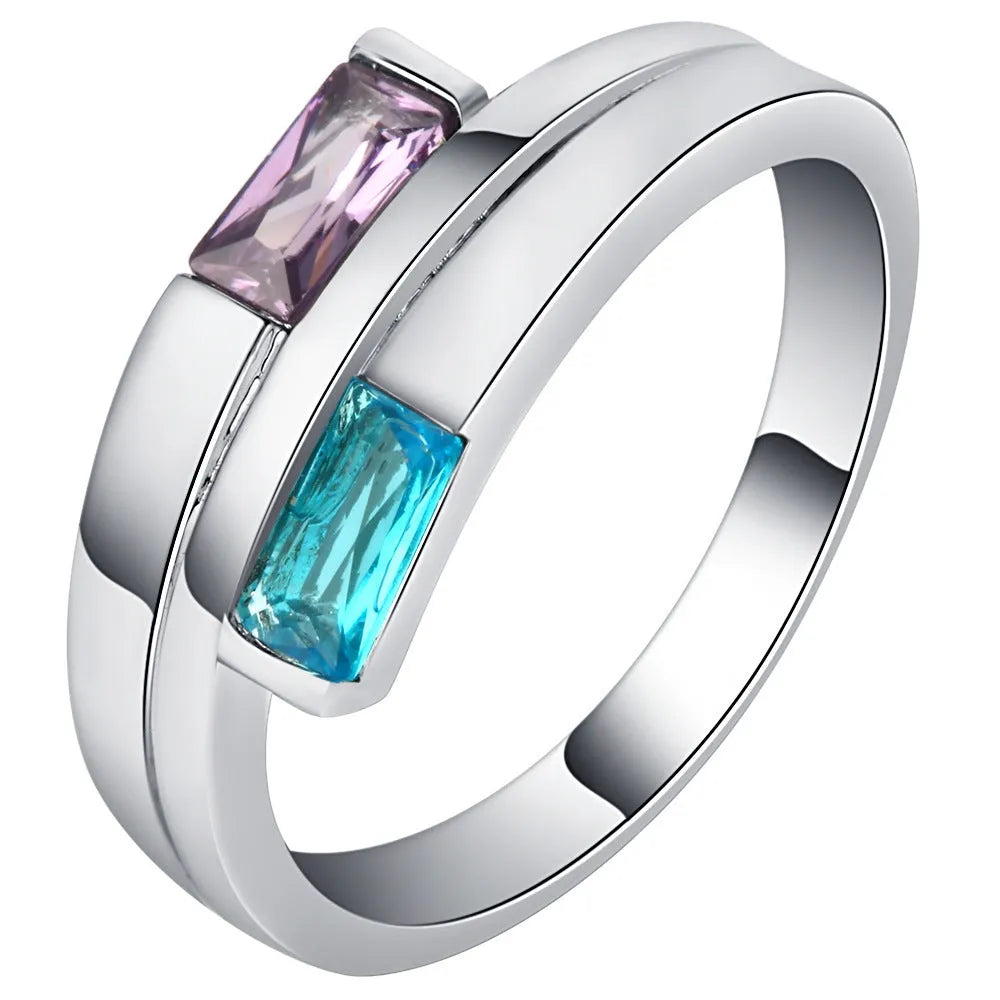 Copper ring with silver electroplating and embedded zircon stones in European sizes