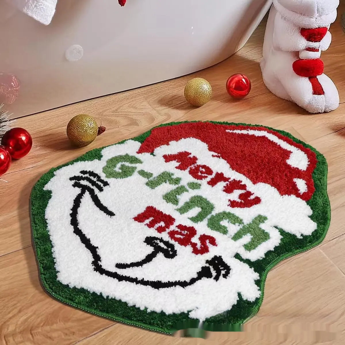 Square Christmas-themed hallway mat with non-slip backing on a wooden floor.