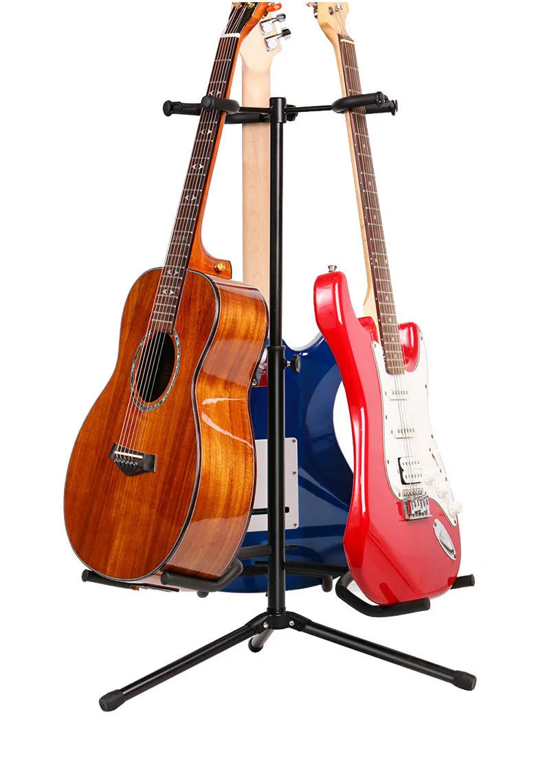 Black vertical double-headed adjustable iron guitar stand on a floor