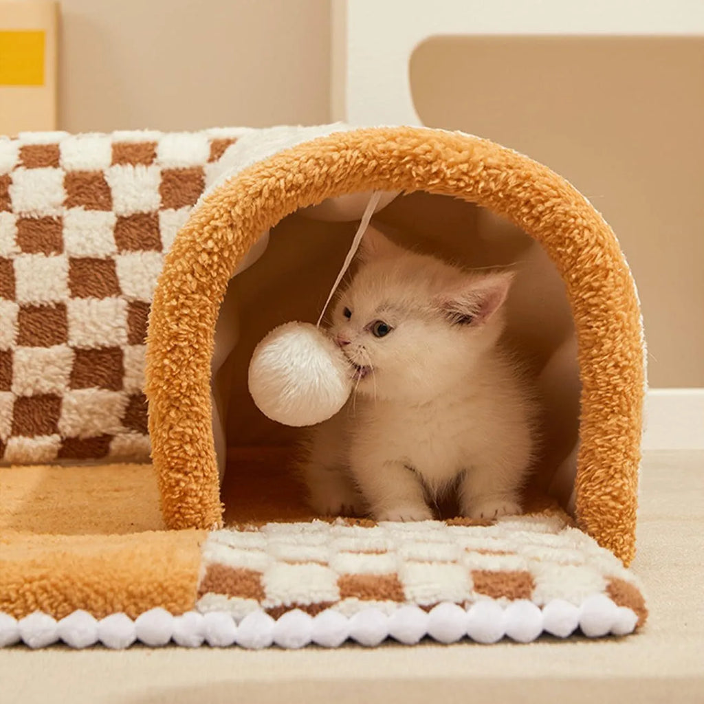 Fan-shaped plush pet bed with integrated tunnel for cats and dogs in coffee colour.