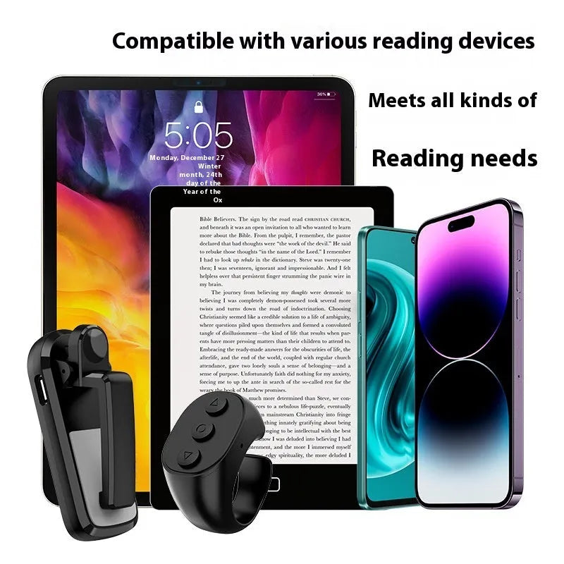 Wireless page turner remote control with clicker attachments in black, white, and pink colours