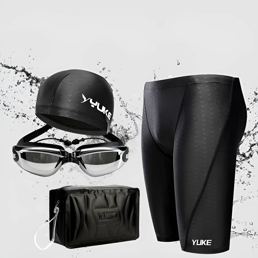 Men's black polyester swimming set with trunks, anti-fog goggles, waterproof cap, ear plugs, nose clip, and carry bag