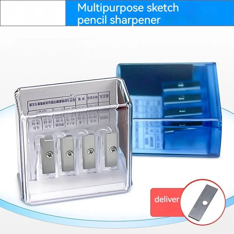 Geometric-shaped plastic pencil sharpener with four holes and a small screwdriver.