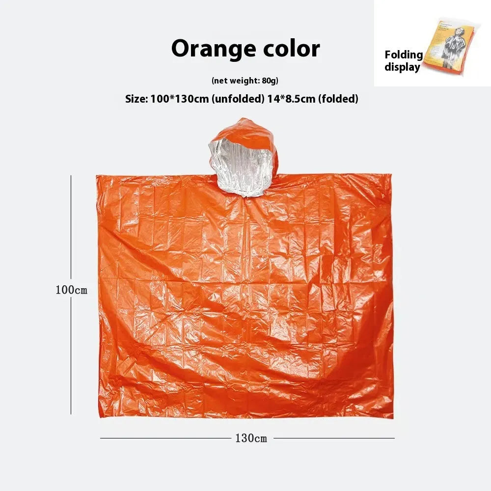 Marathon Wild orange and army green waterproof poncho raincoat laid flat showing 100x130cm size.