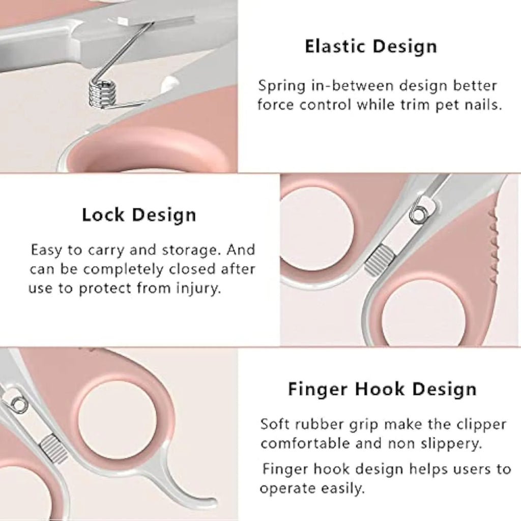 Grey and pink stainless steel pet nail clippers with angled blade and safety lock on handle