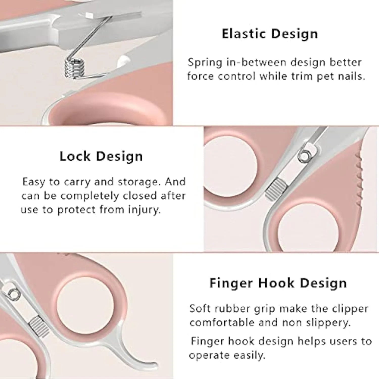 Grey and pink stainless steel pet nail clippers with angled blade and safety lock on handle