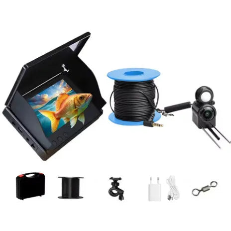 Underwater fish finder HD camera with 4.3-inch screen and temperature sensor on a fishing boat.