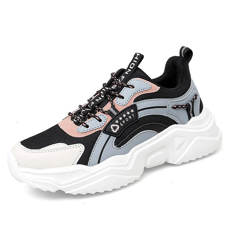 Women's white and moonlight thick-soled casual sports shoes with mesh uppers and round toe