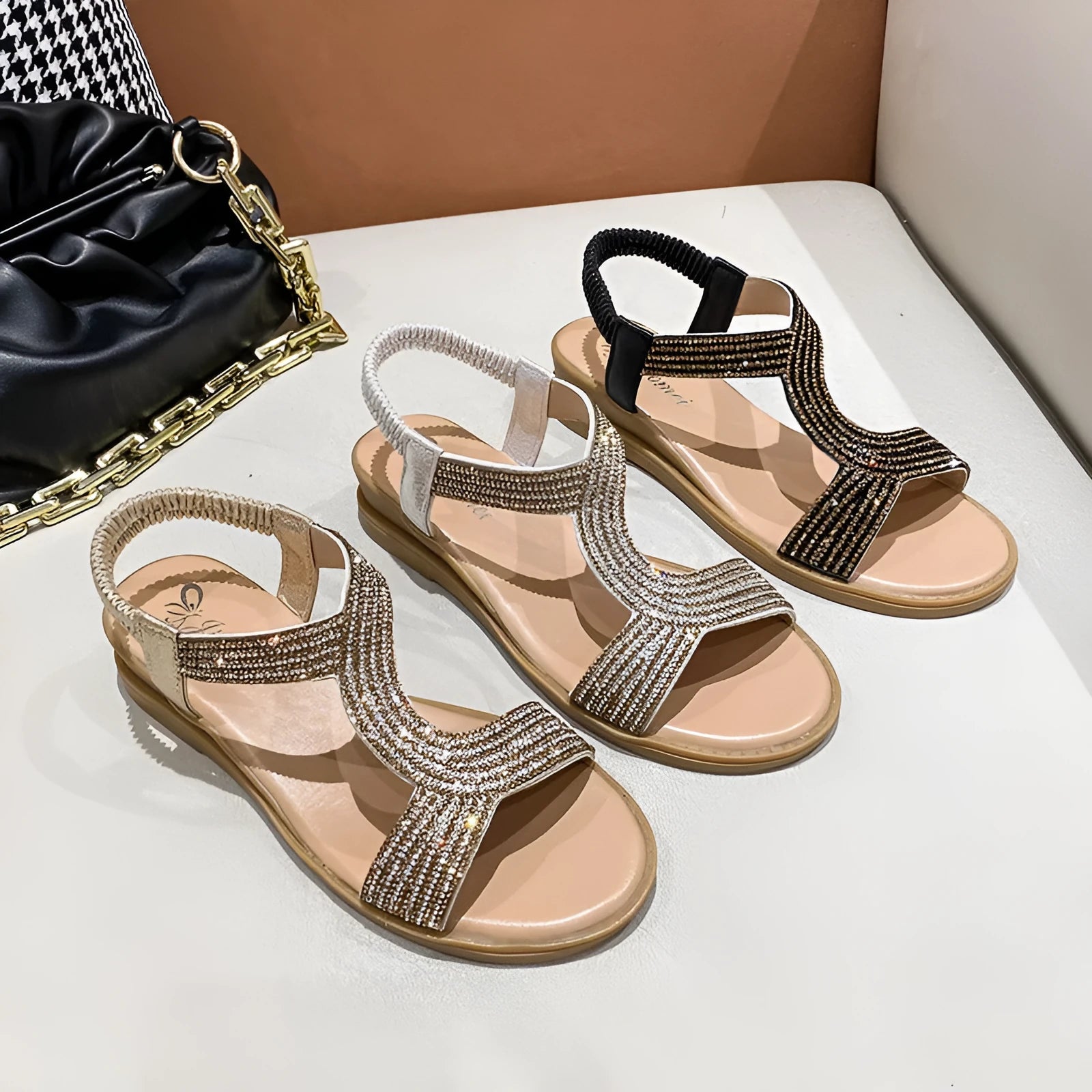 Women's patent leather beach sandals with rhinestones in black, gold or silver colours
