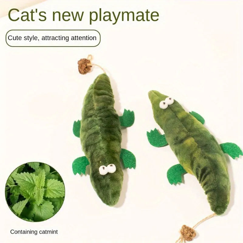 Green plush alligator cat toy measuring 50 cm with catnip and peppermint scent