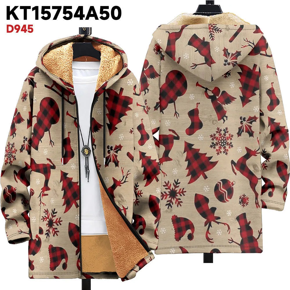 Man wearing a multicolour printed hooded cardigan with a zip front closure.