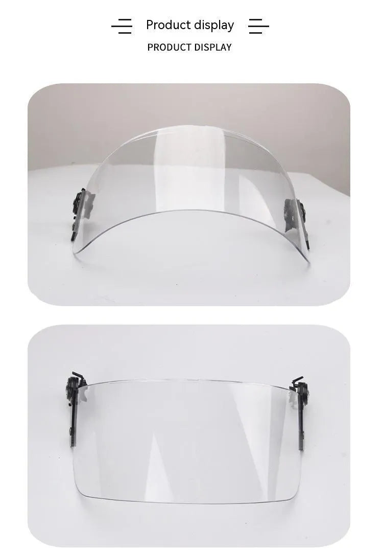 Transparent PC helmet mask with windproof lens measuring 30x15cm