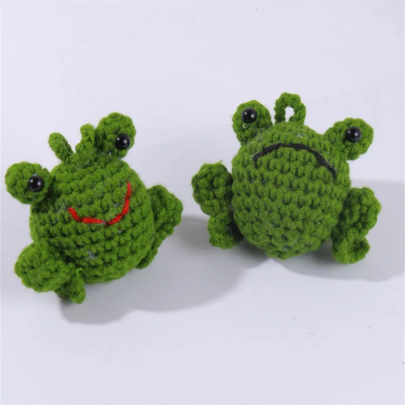 Green handmade plush frog woven pendant for car decoration measuring 15cm long