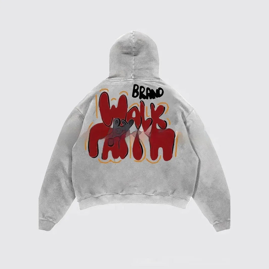 Granny grey women's hoodie with vintage letter print design, long sleeves, and a front pocket.
