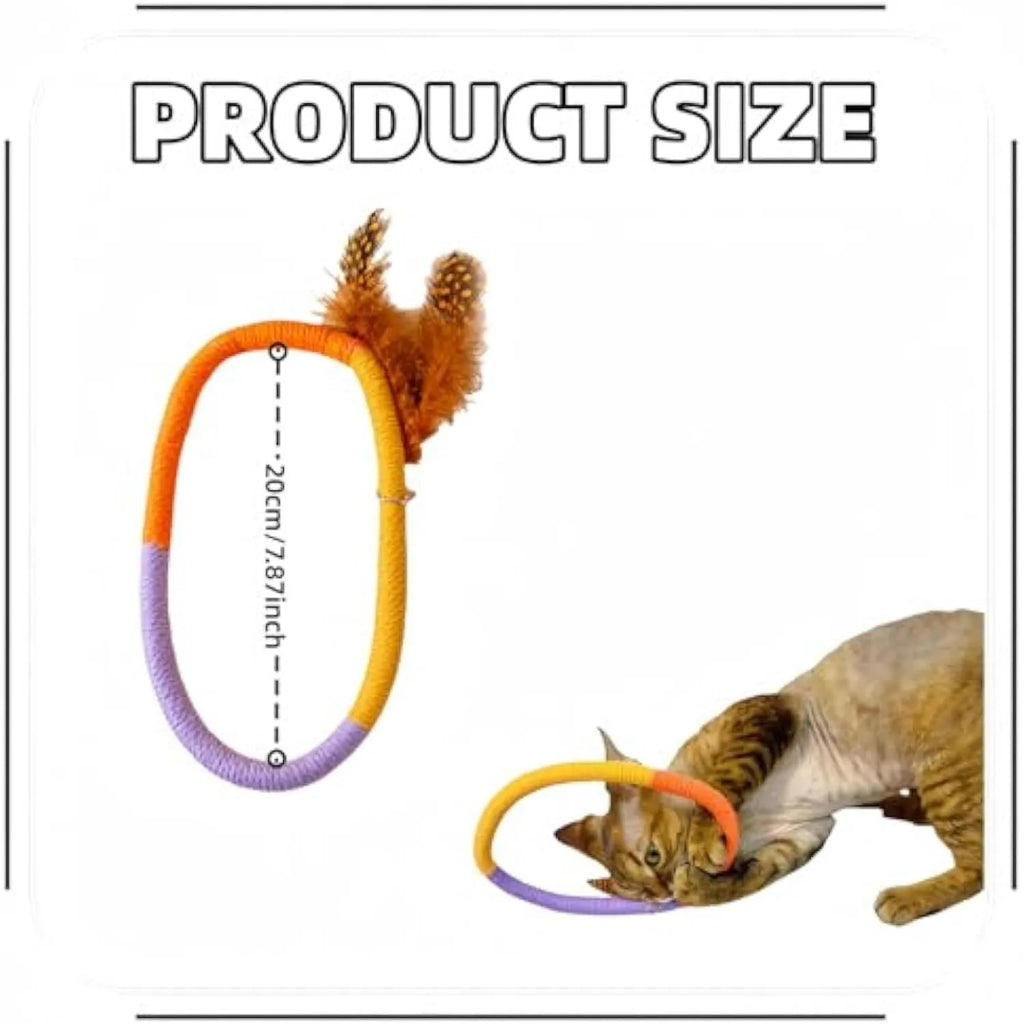 Green circular cotton rope cat toy with white feathers attached for chewing and interactive play.